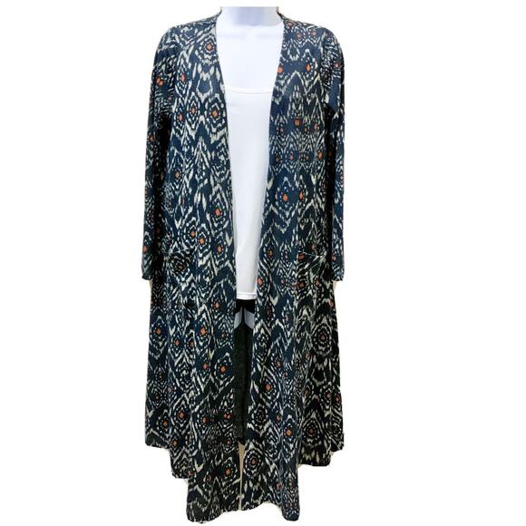LULAROE Women Sz Small Sarah Long Cardigan Long Sleeves Front Pockets Blue‎ Ikat - Picture 1 of 10